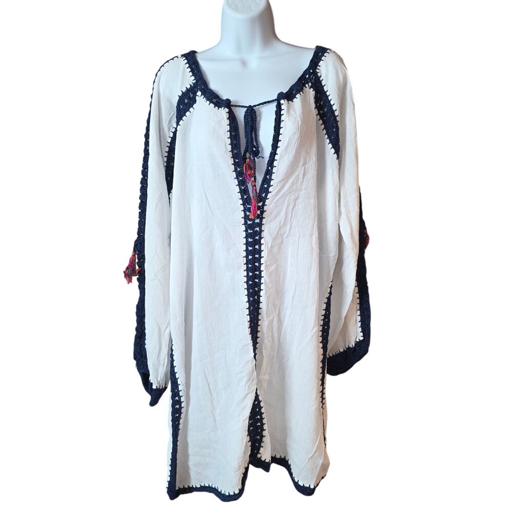 Anna Kosturova white linen & colorful crochet detail swim cover‎ up dress sz Sm
